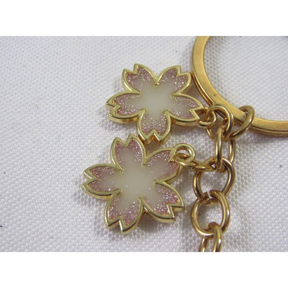 Kitty Cat Pink Floral Sparkly Key Ring/Chain Boho Artsy Flowers Gold Tone - Picture 2 of 5